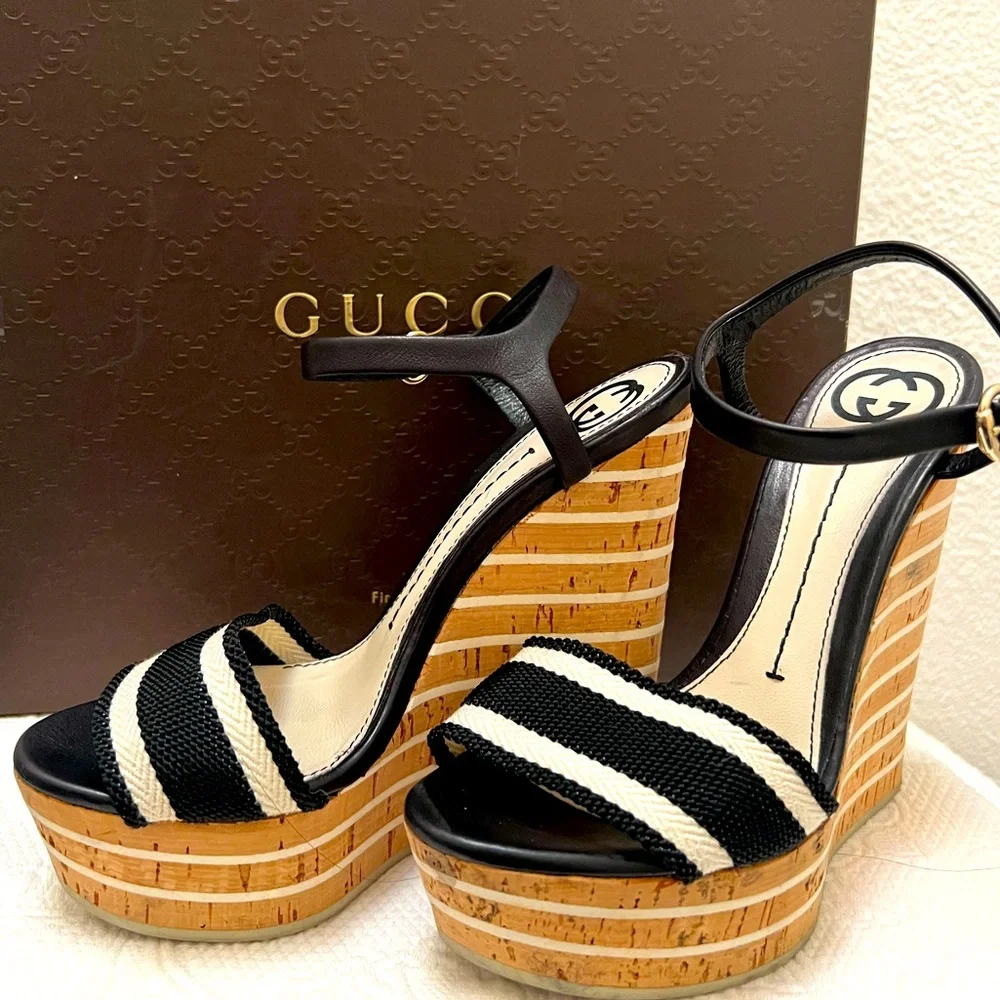 Gucci Black and Cream Wedge Sandals with Ankle Strap